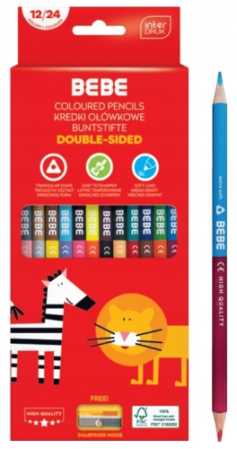 Kredki-Olowkowe-Trojkatne-Dwustronne-24-kolory-Temperowka-Interdruk-BEBE