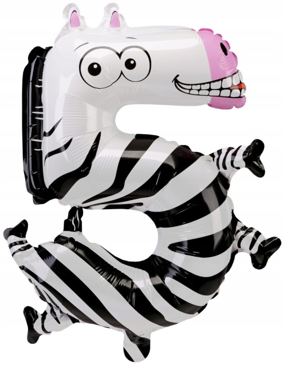 Balon foliowy urodziny party cyfra piątka 5 zebra