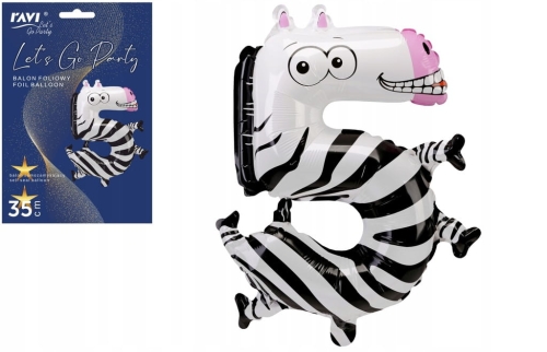 Balon foliowy urodziny party cyfra piątka 5 zebra