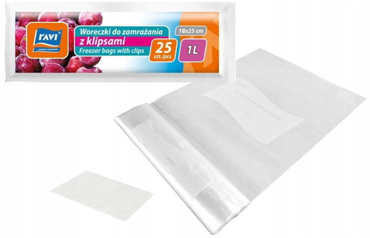 Woreczki do zamrażania RAVI 1L – 25 sztuk z klipsami, mrozoodporne, 18×25 cm