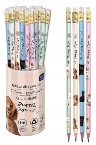 Ołówki HB z gumką 1 szt. tuba Puppy Sign Interdruk pieski kotki