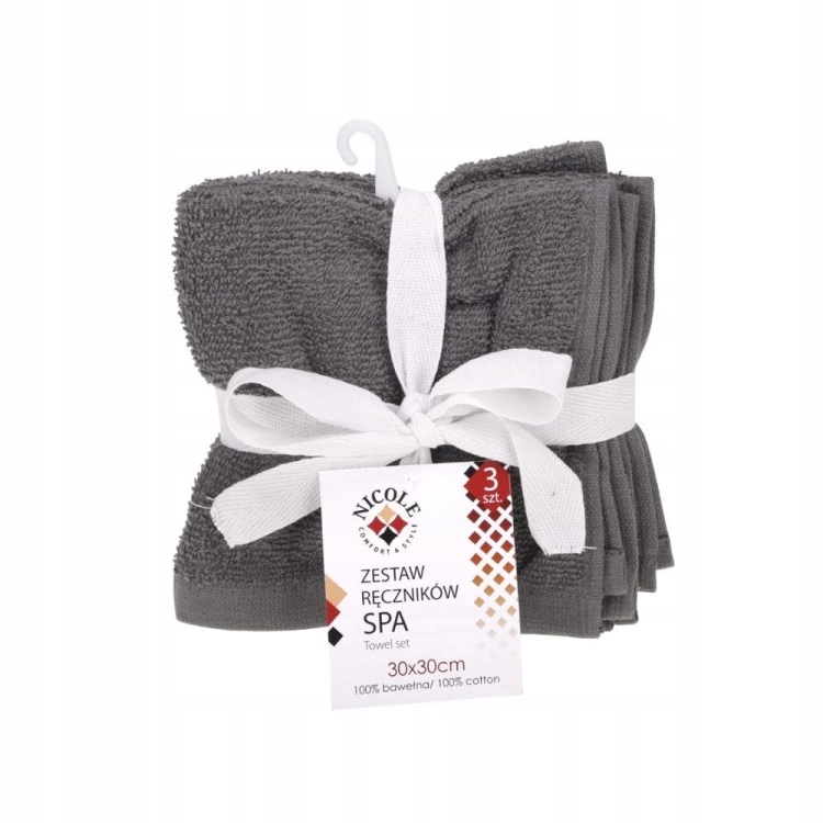 Zestaw ręczników SPA 30x30cm stalowy – bawełniane, miękkie i chłonne 3 szt.